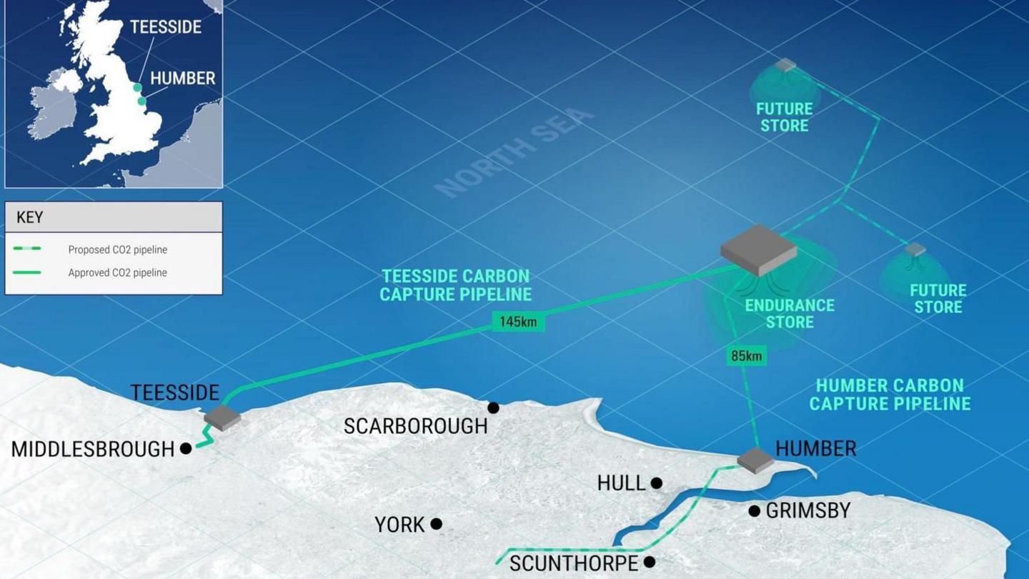 A map of the proposed locations of C02 pipelines on Teesside stretching out to sea. 