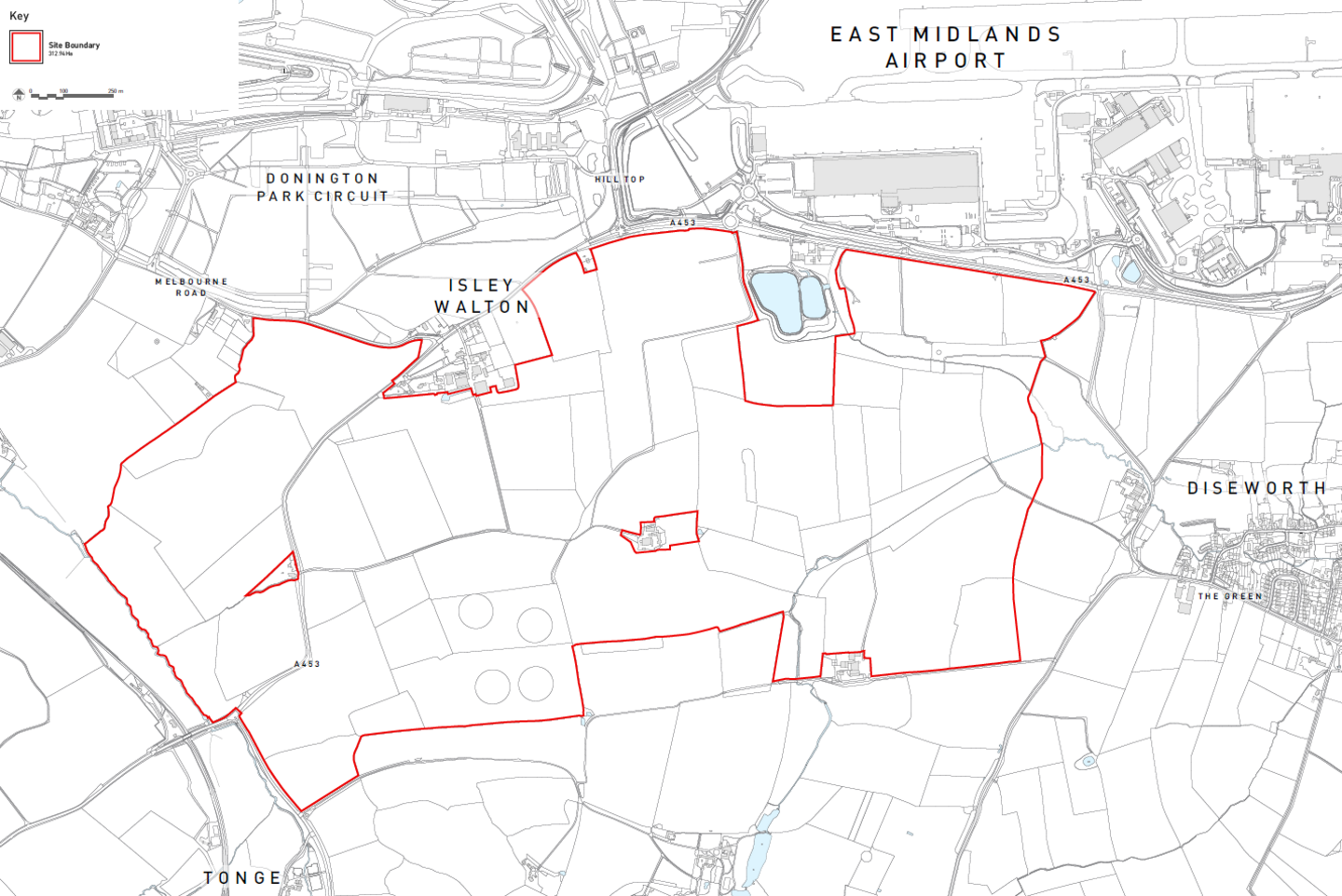 A black and white map with a red outline showing the areas of farmland that form the Isley Woodhouse scheme and nearby villages and other landmarks such as Donington Park and the airport