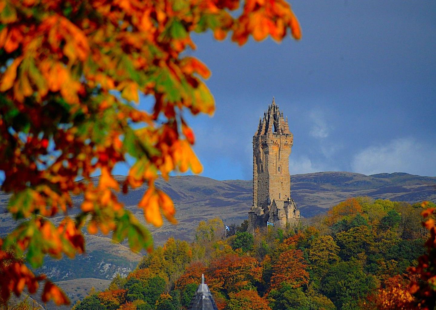 The Wallace monument in Stirling in the distance with autumn-coloured trees below and some orange leaves framing the image in the foreground