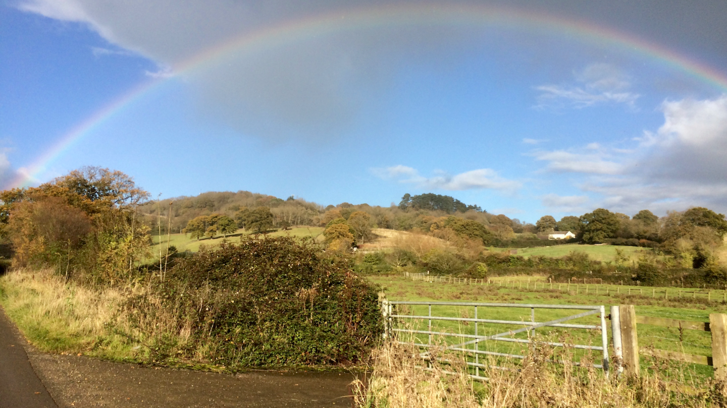 A closer view of Chosen Hill. There is a silver gate going into a green field and just beyond is a group of trees and hedges. There is a rainbow overhead