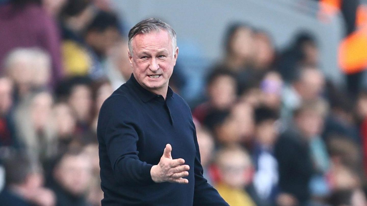 Michael O'Neill has his right hand gesturing as he glances across to his right 