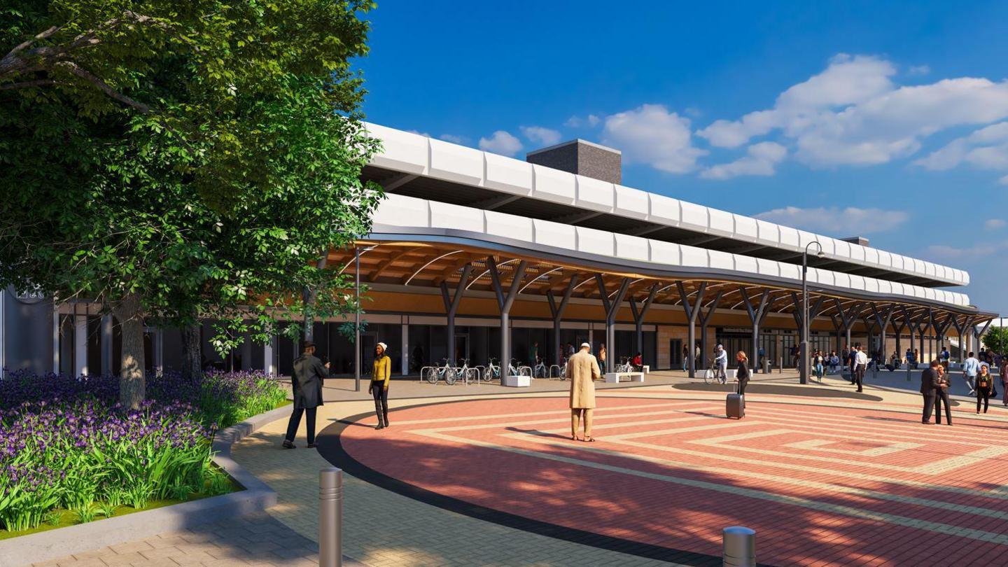 An artist's impression of how a renovated bus station would look, including a paved concourse and garden to one side, and a roof with a curved pale grey structure.