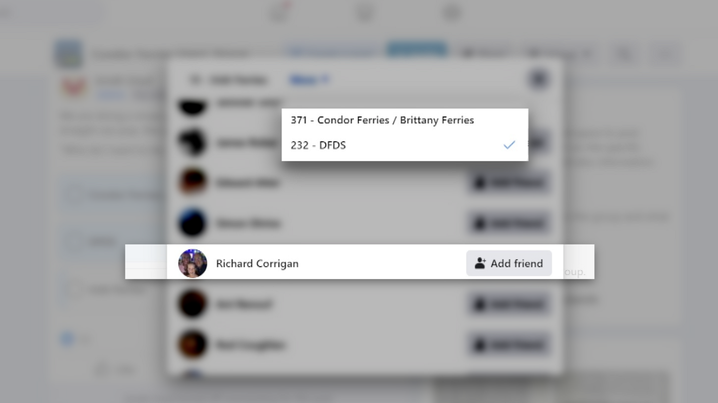 A screen grab from a social media platform. In the middle of the image, there is a focused section showing the name Richard Corrigan. Above this, there is a dropdown box listing two options: "371 - Condor Ferries / Brittany Ferries" and "232 - DFDS".