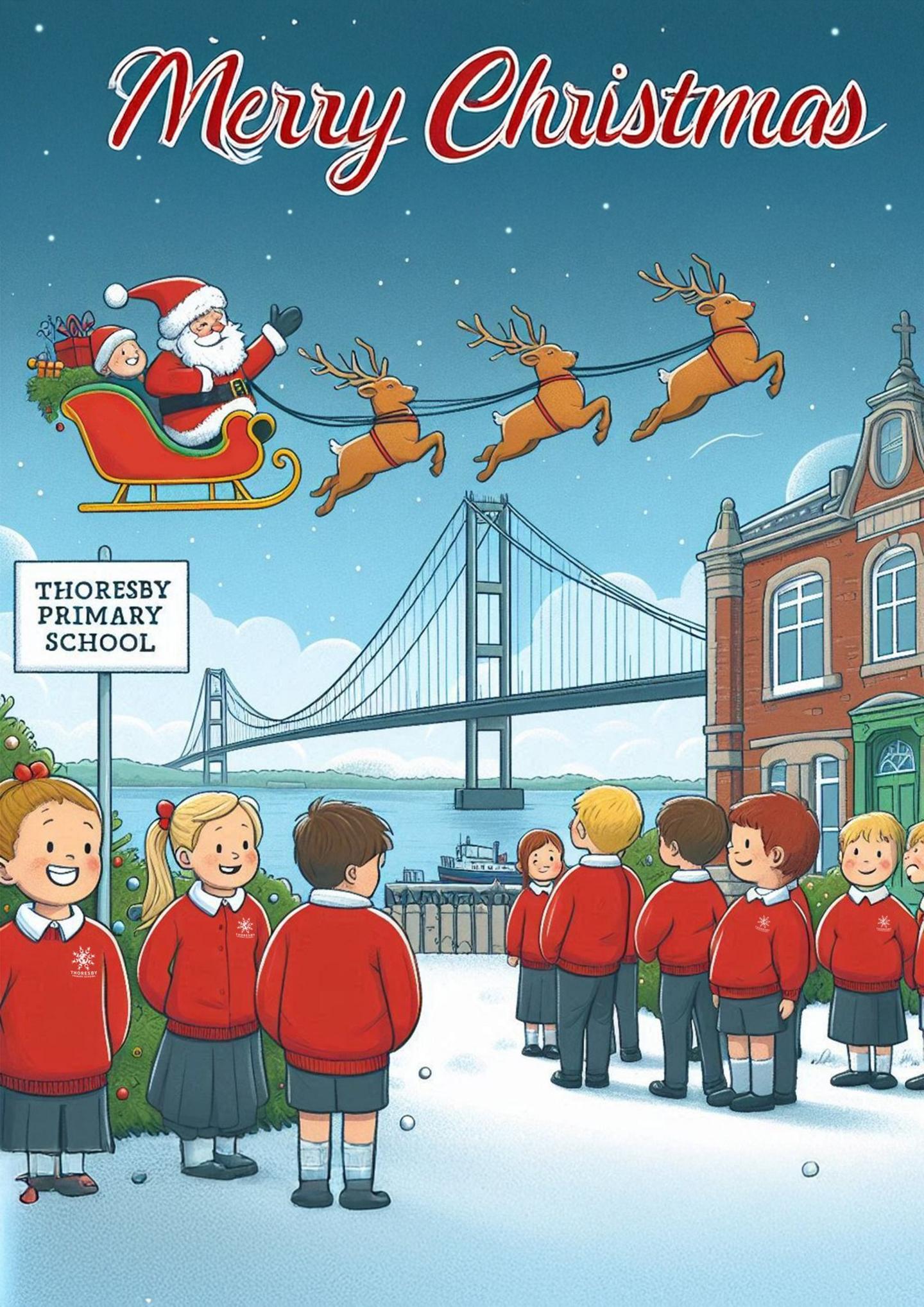 A digital cartoon image, showing Thoresby Primary pupils looking up at Santa and his sleigh, with the Humber Bridge in the background.