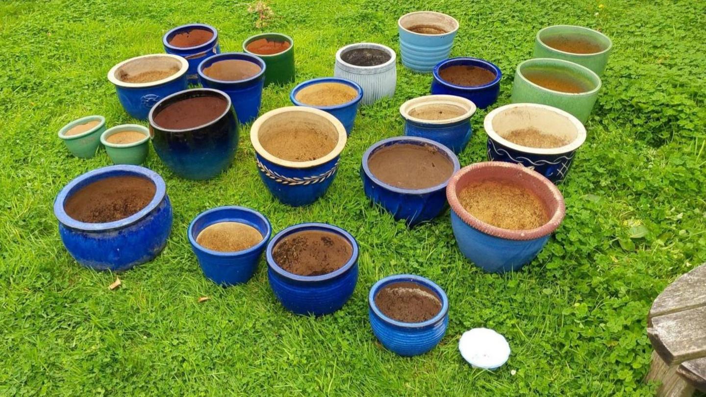 More than a dozen plant pots of varying size, style and colour laided out individually on grass.