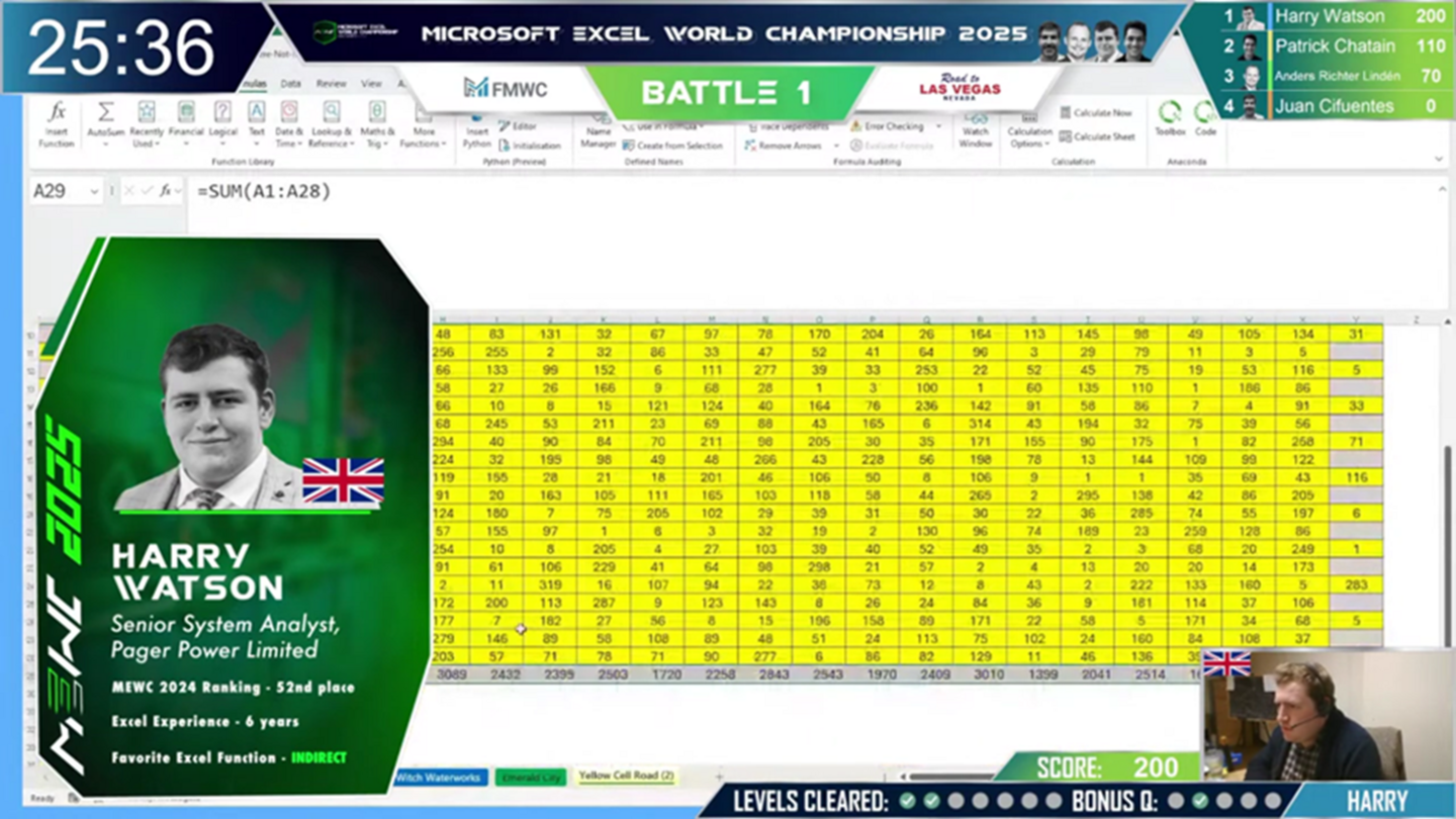 Screengrab of Harry's Excel sheet. To the left there is a box with information about the IT professional and to the bottom right there is a shot of him with his headset on, completing his task live