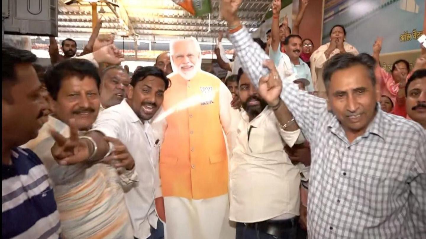 BJP supporters celebrate in Ambala city in the northern Indian state of Haryana after the party's spectacular performance in the state assembly election