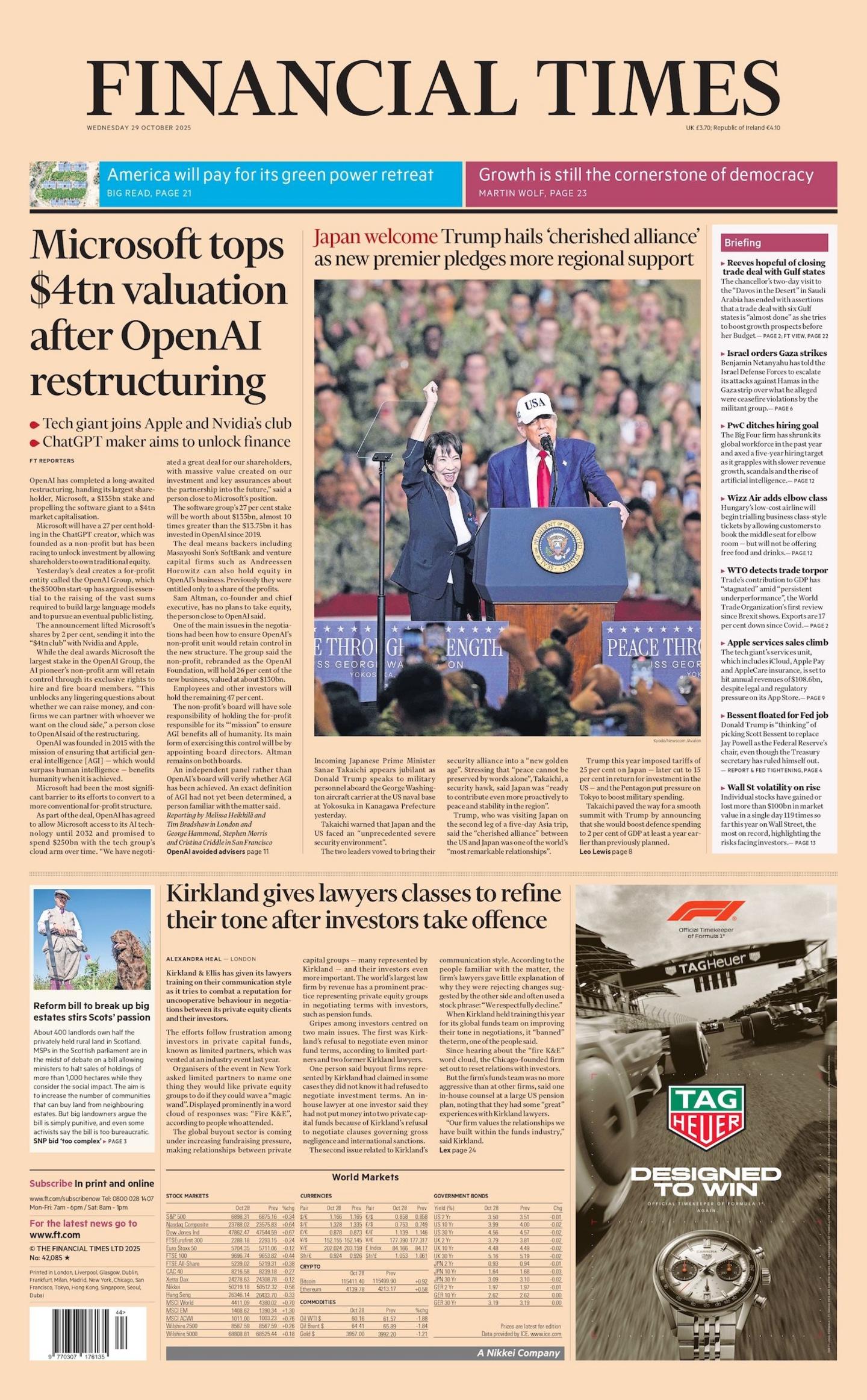 "Microsoft tops $4tn valuation after OpenAI restructuring" reads the headline on the front page of the Financial Times.