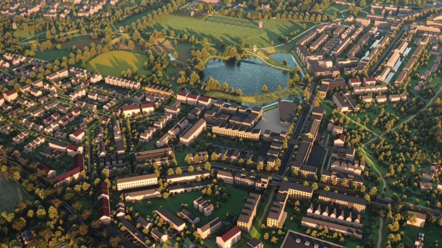 A CGI image of Otterpool Park showing hundreds of homes.