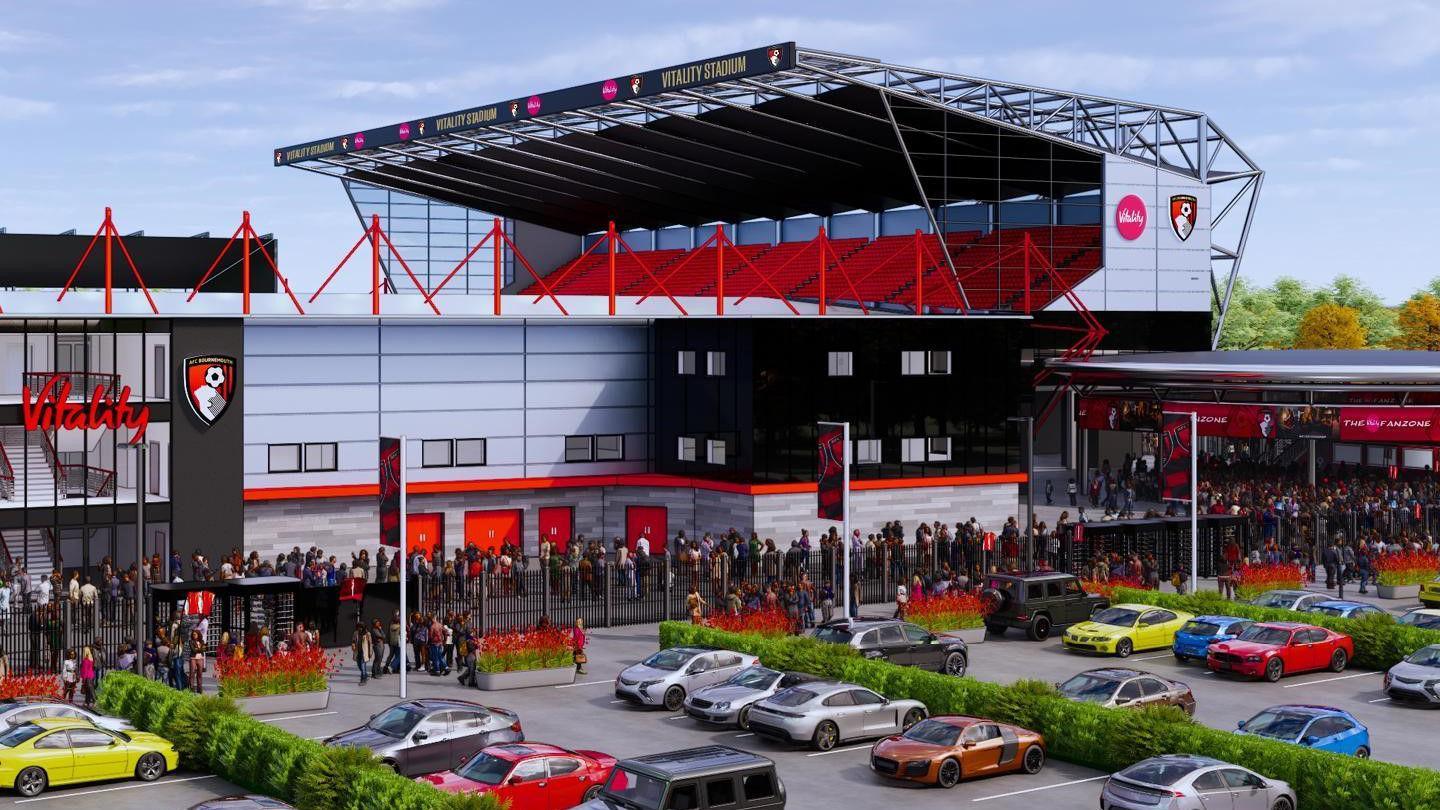 A computer-generated image of the improved South Stand at Bournemouth's Vitality Stadium