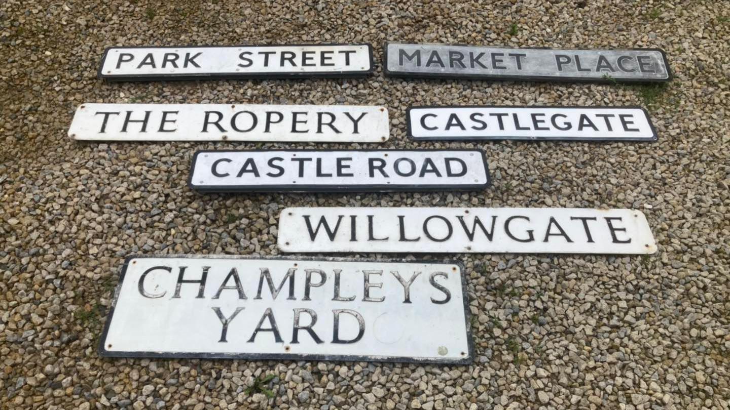 Seven of the street signs which are being sold off in Pickering