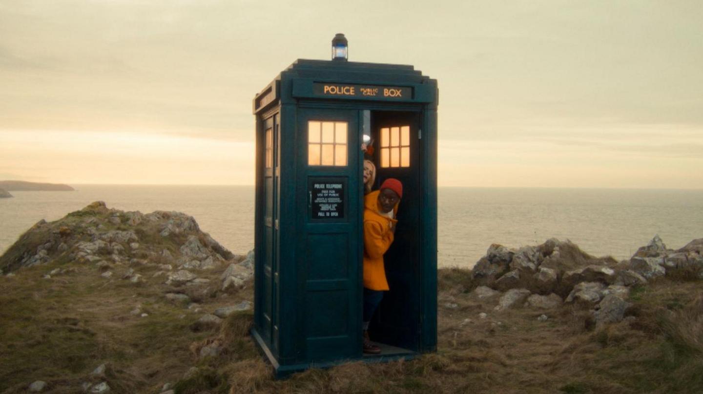 The Tardis, a blue police box, on the Welsh coastline