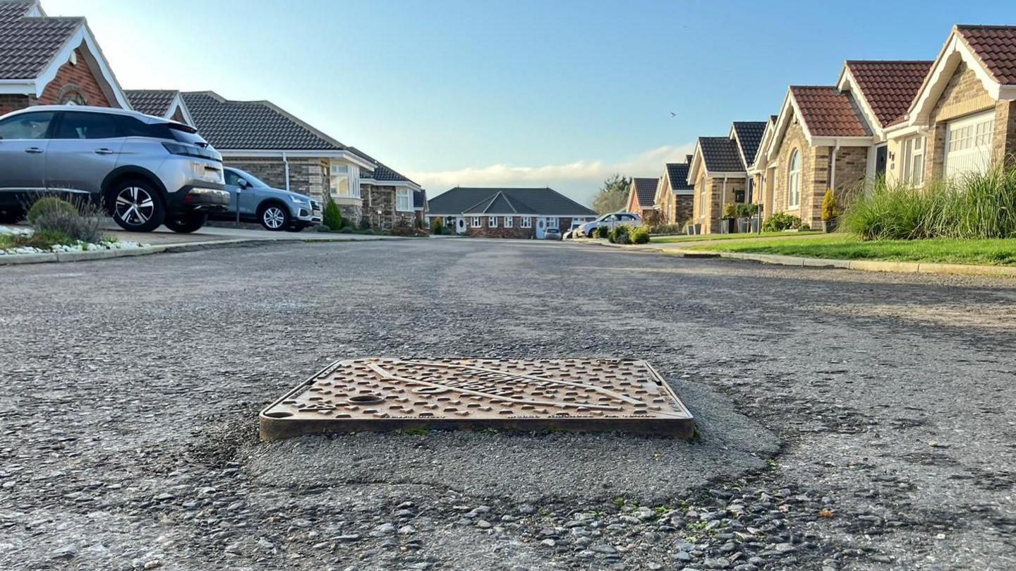 A drainage grate sticks out of a paved road. On either side of the road there are houses and cars. The sky is blue.