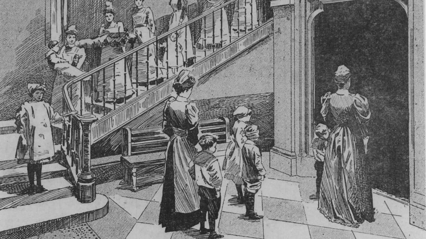 A Victorian illustration of the hospital's patients being led into the chapel by nurses - some are being carried down a staircase to the left of the chapel entrance.