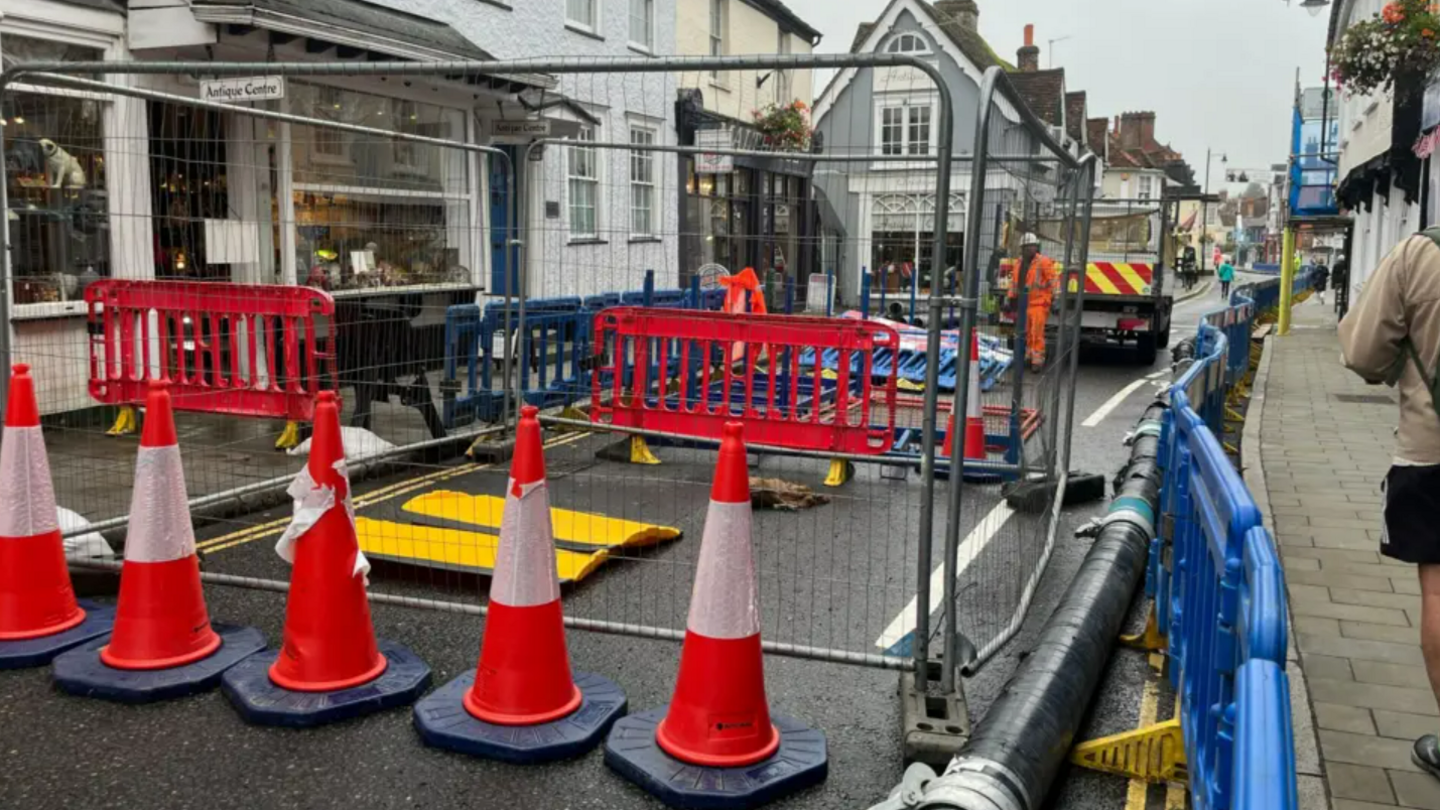 Roadworks take up the whole width of road in Dorking town centre.