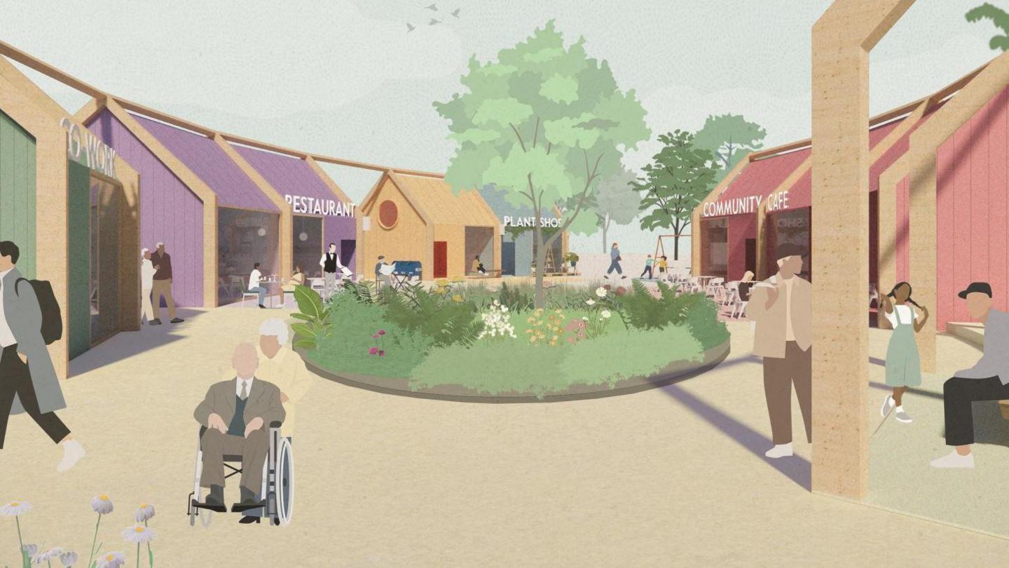Brightly-coloured illustration. Open space with a patch of grass, flowers and a tree is ringed by single-storey buildings labelled 'restaurant', 'plant shop' and 'community cafe'. There are several people walking through the space or sitting outside the businesses, including a man in a wheelchair being pushed by a woman at the forefront of the image.