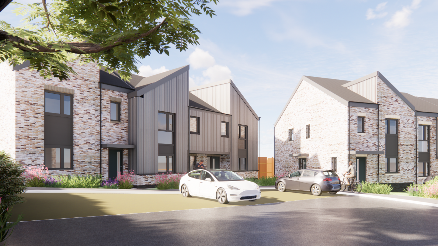 A CGI image of new-build houses with cars parked on the drive in front of them. The houses have a wooden feature on the front.