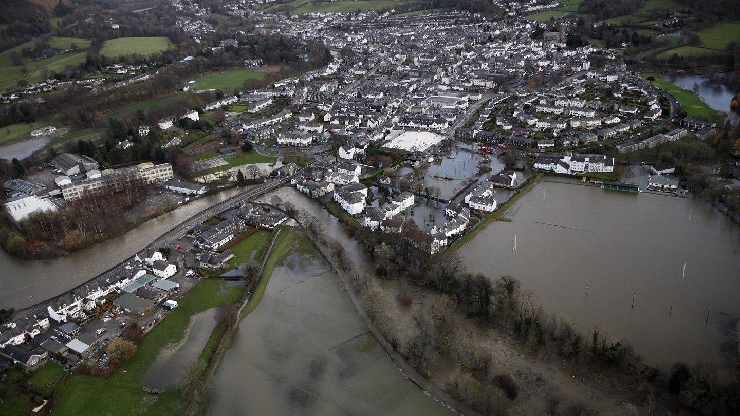 Aerial photograph of flooding in Keswick