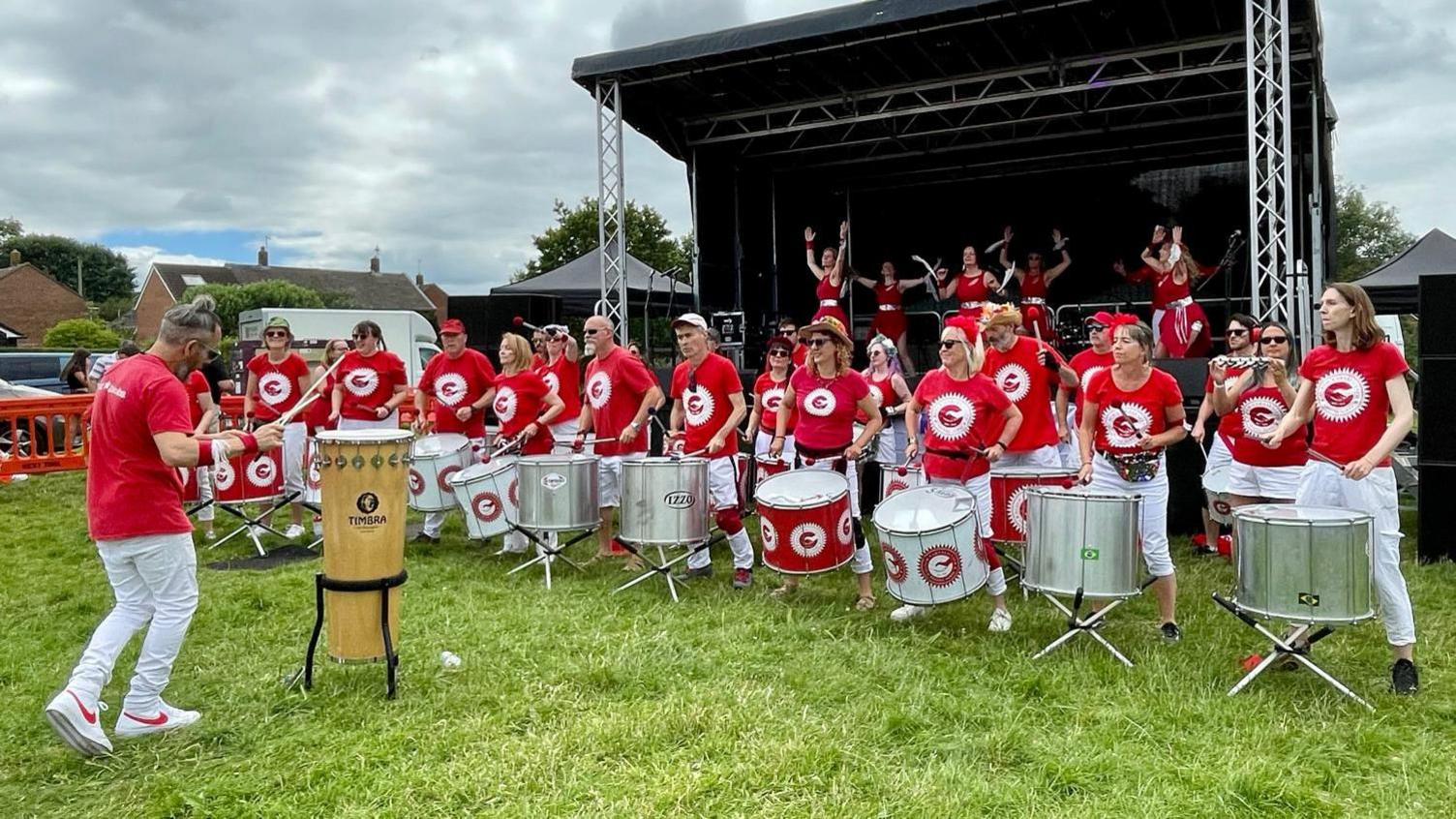 Bristol Samba members line up to perform in Fishponds on Saturday