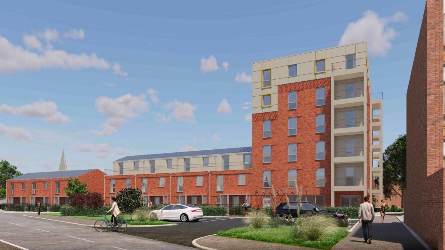 A CGI version of the plan which shoes new build block of housing in red brick and stone render, with a block of flats and an adjoining row of terraced houses on a residential street