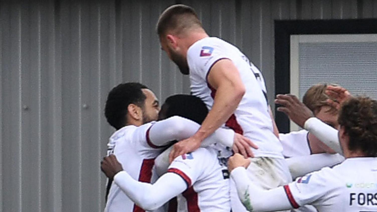 Crawley celebrating their first goal during their 2-0 victory over Newport County
