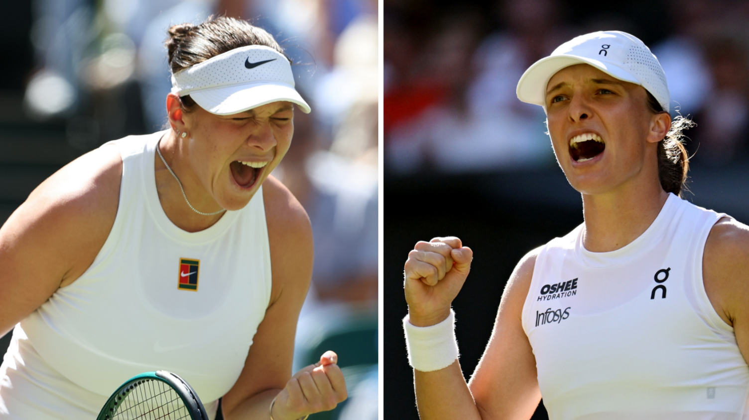 Amanda Anisimova and Iga Swiatek both celebrate during their WImbledon semi-finals