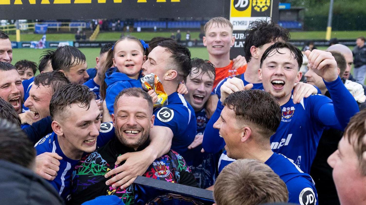 Penybont players and fans celebrate their Play-Off win over Haverfordwest
