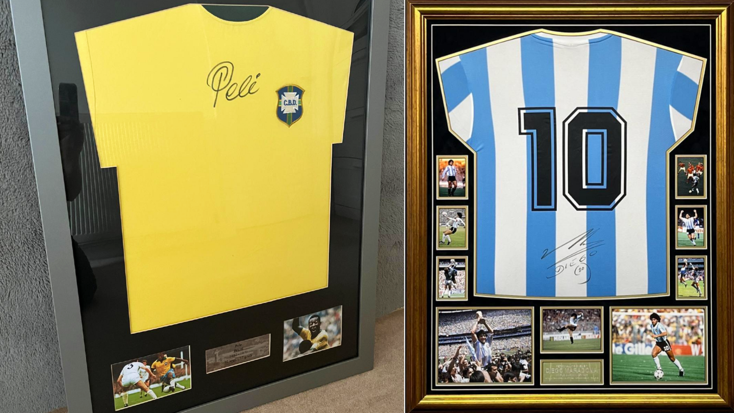 Signed football shirts worn by Pele and Diego Maradona with photographs alongside in a frame