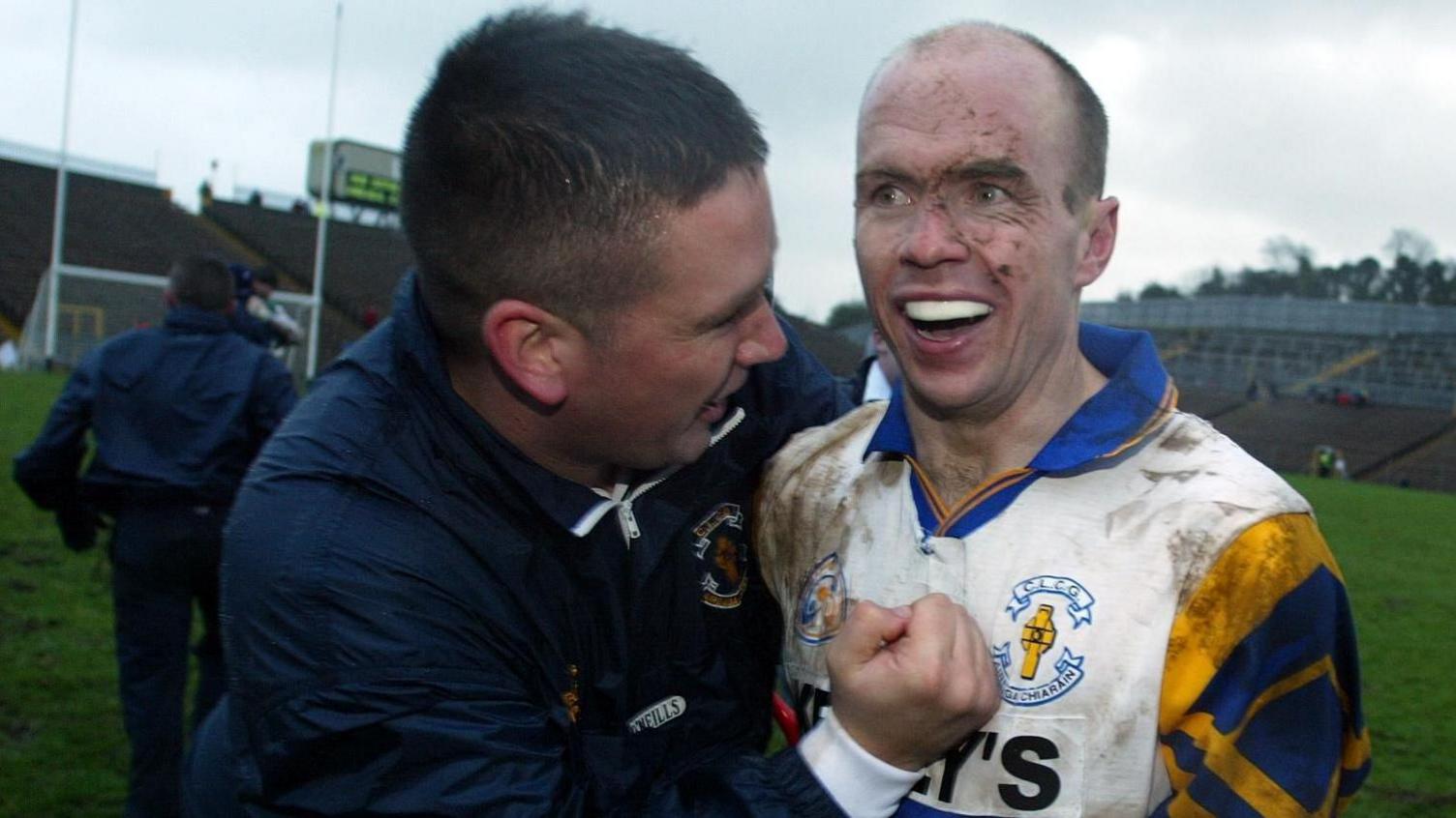 Peter Canavan is embraced after Errigal Ciaran's Ulster Club Final triumph over Enniskillen Gaels in 2002