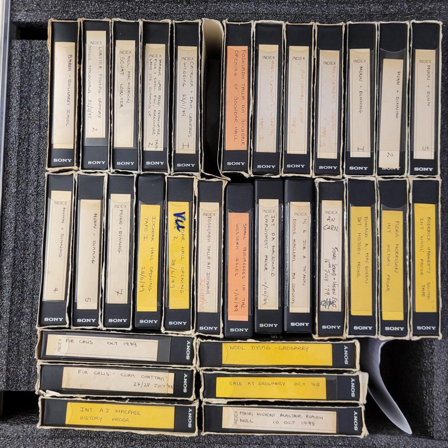 Three rows of old Sony video tapes, which amounts to 32 tapes. They have multi-coloured labels and small writing on them which cannot be read.