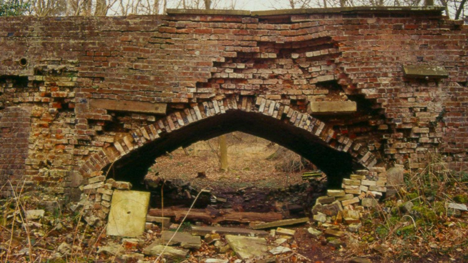 A bridge in a very bad state of repair, showing bricks missing, fallen from it and lying on the ground, bricks collapsing and shrubs around it.