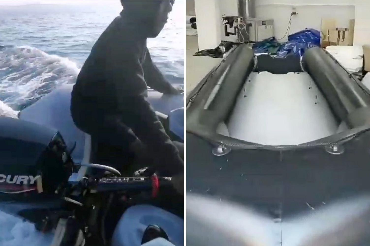 A composite image of a man sitting on the edge of an inflatable boat out at sea, holding the tiller of a black engine with one hand the other on the boat. He is wearing a black hooded jumper and the wake of the boat in the sea can be seen. The other image shows a black inflatable boat stored in a warehouse.