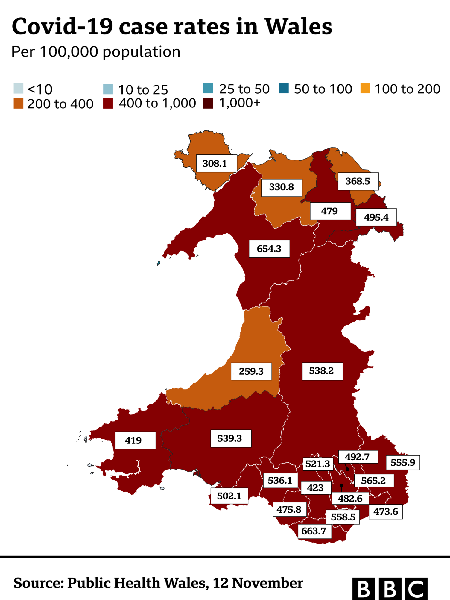 Map of Covid rates in Wales