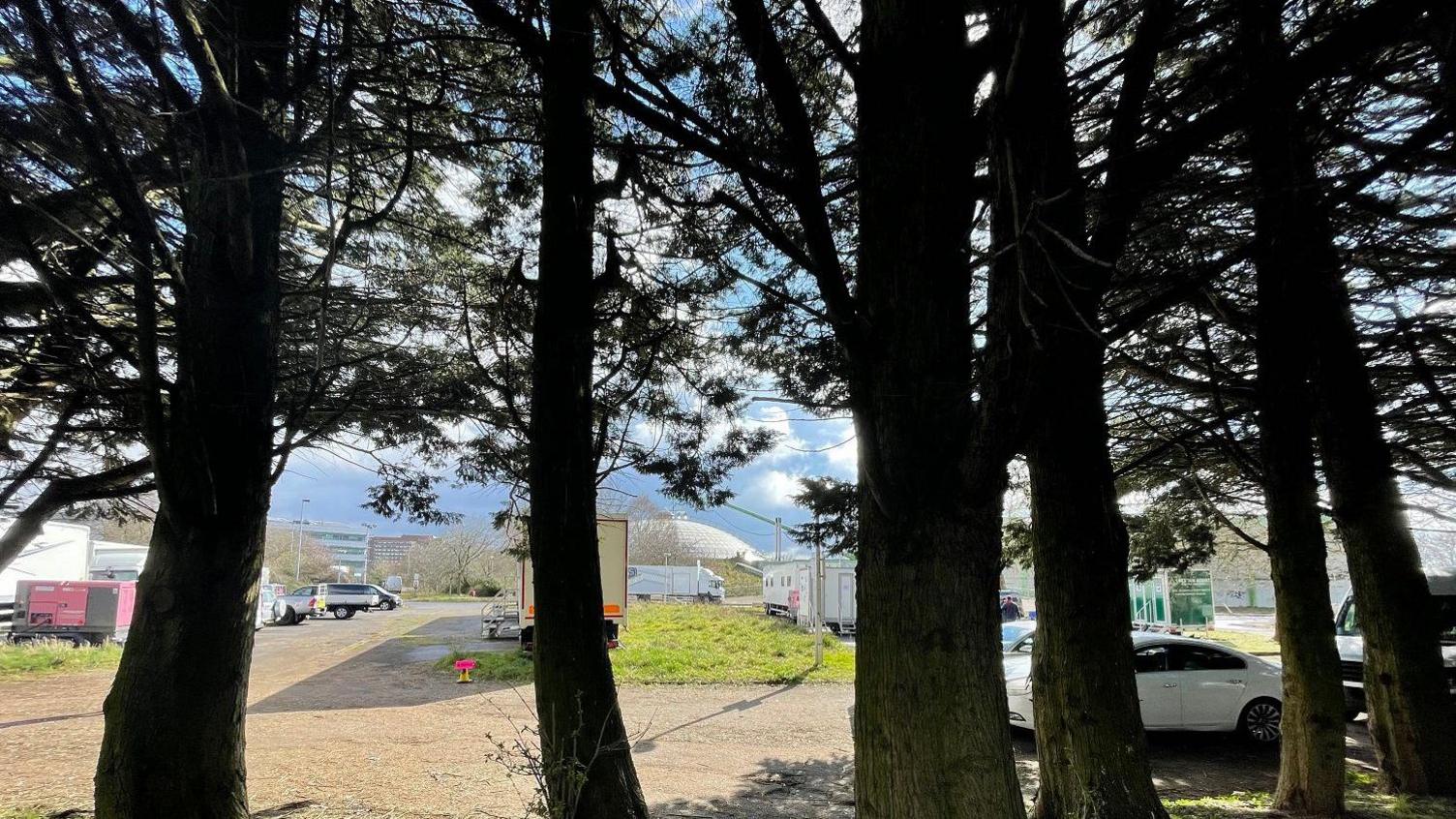 A picture taken from behind some large trees, behind them film trucks can be seen with the Oasis dome in the distance.