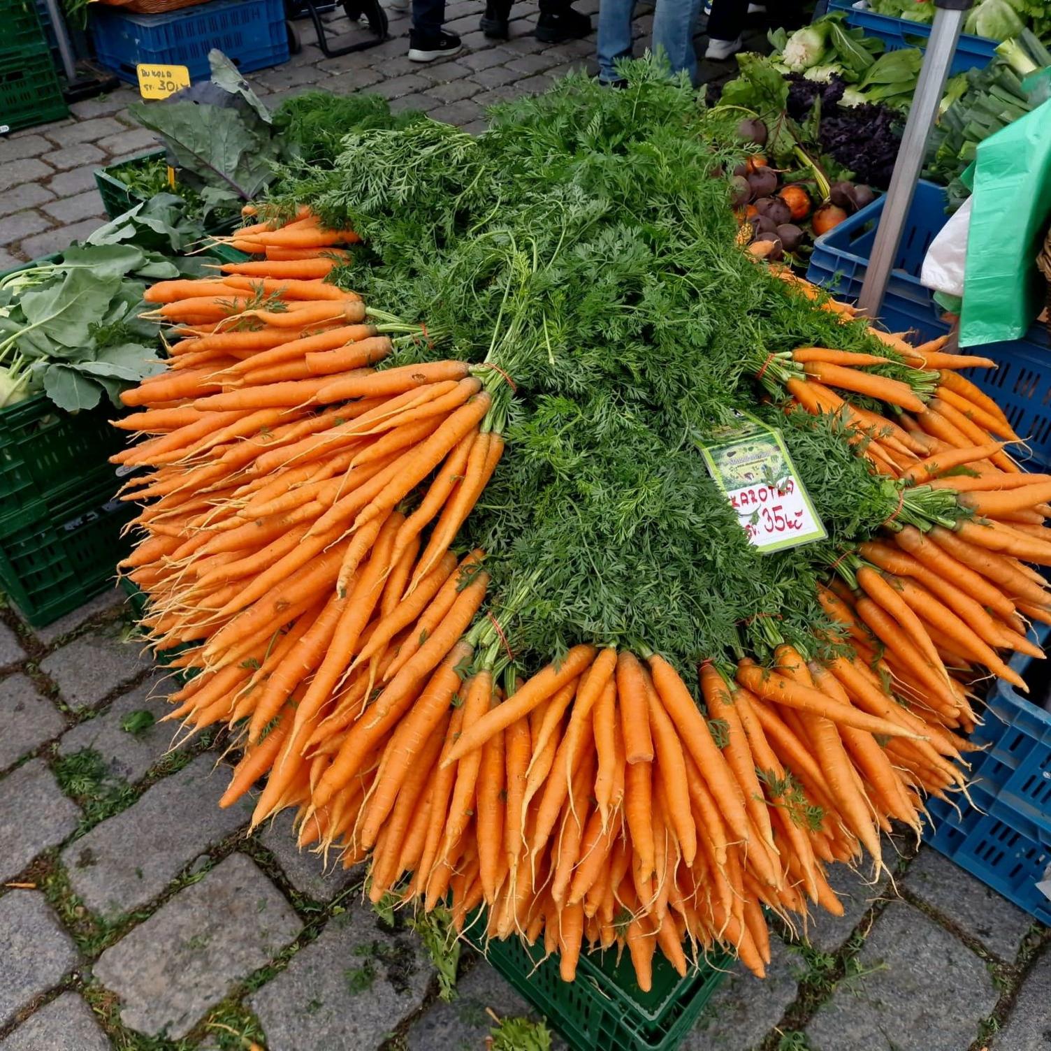 A pile of carrots on sale at a market