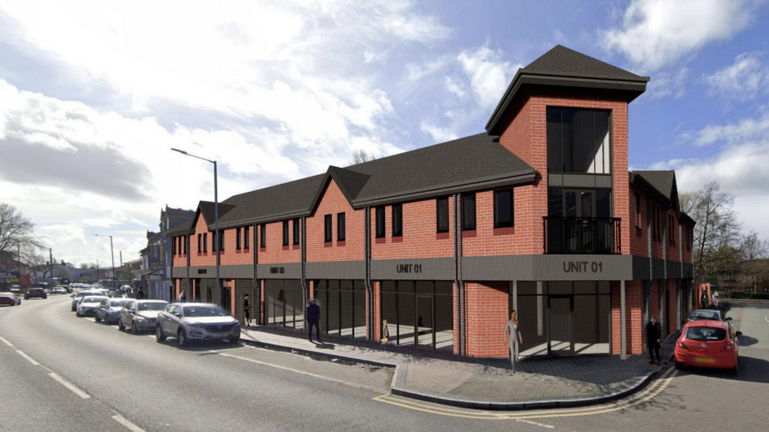 Artists impression of what the building would look like. It is a red brick two storey building with black tiling and detailing on it. There are cars parked along the side of the road