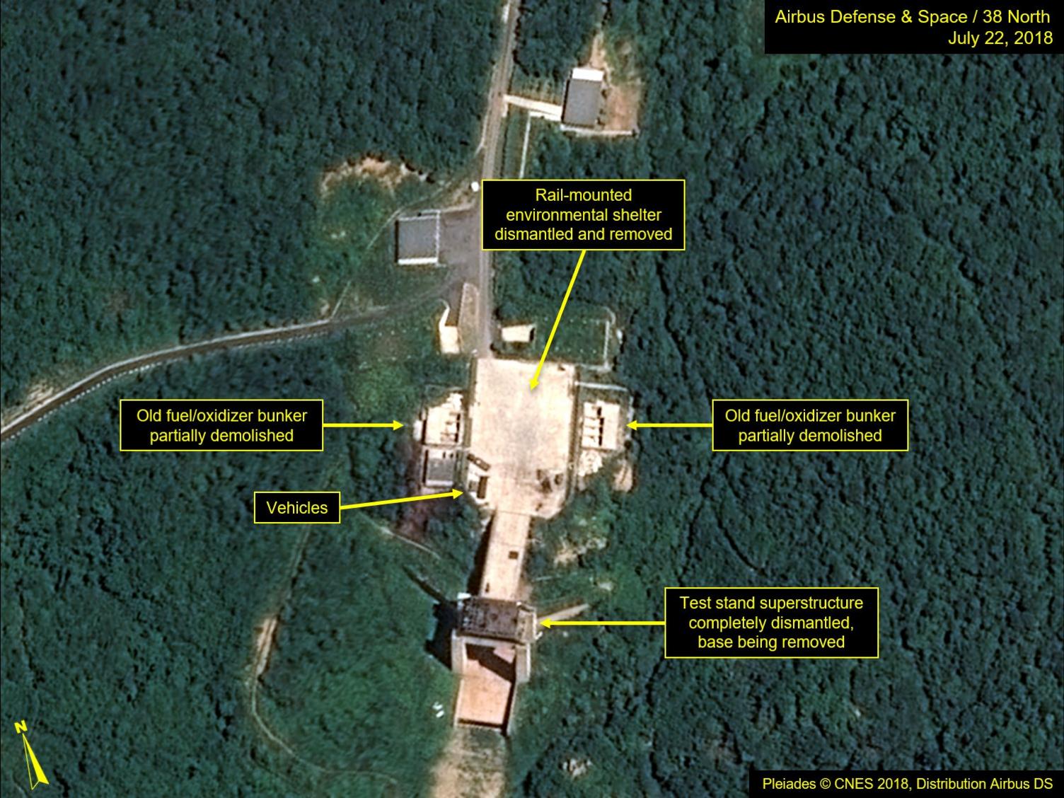 Satellite image courtesy Airbus Defence and Space and 38 North dated July 22, 2018 and obtained July 23, 2018 shows the apparent dismantling of facilities at the Sohae satellite launching station, North Korea