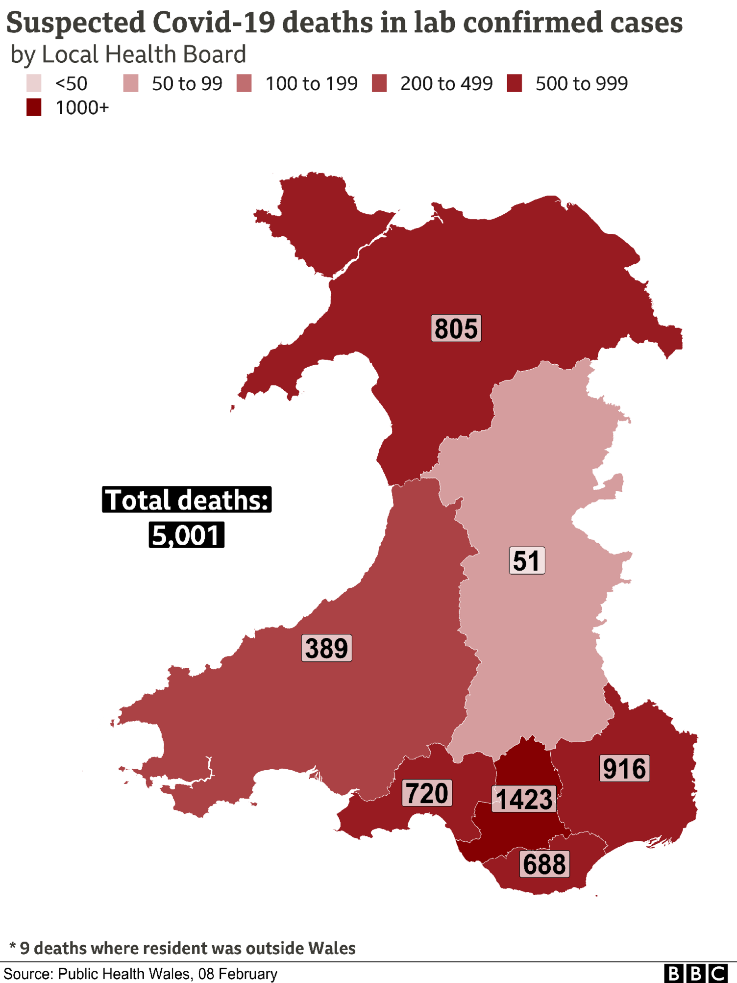 Map of Covid deaths in Wales