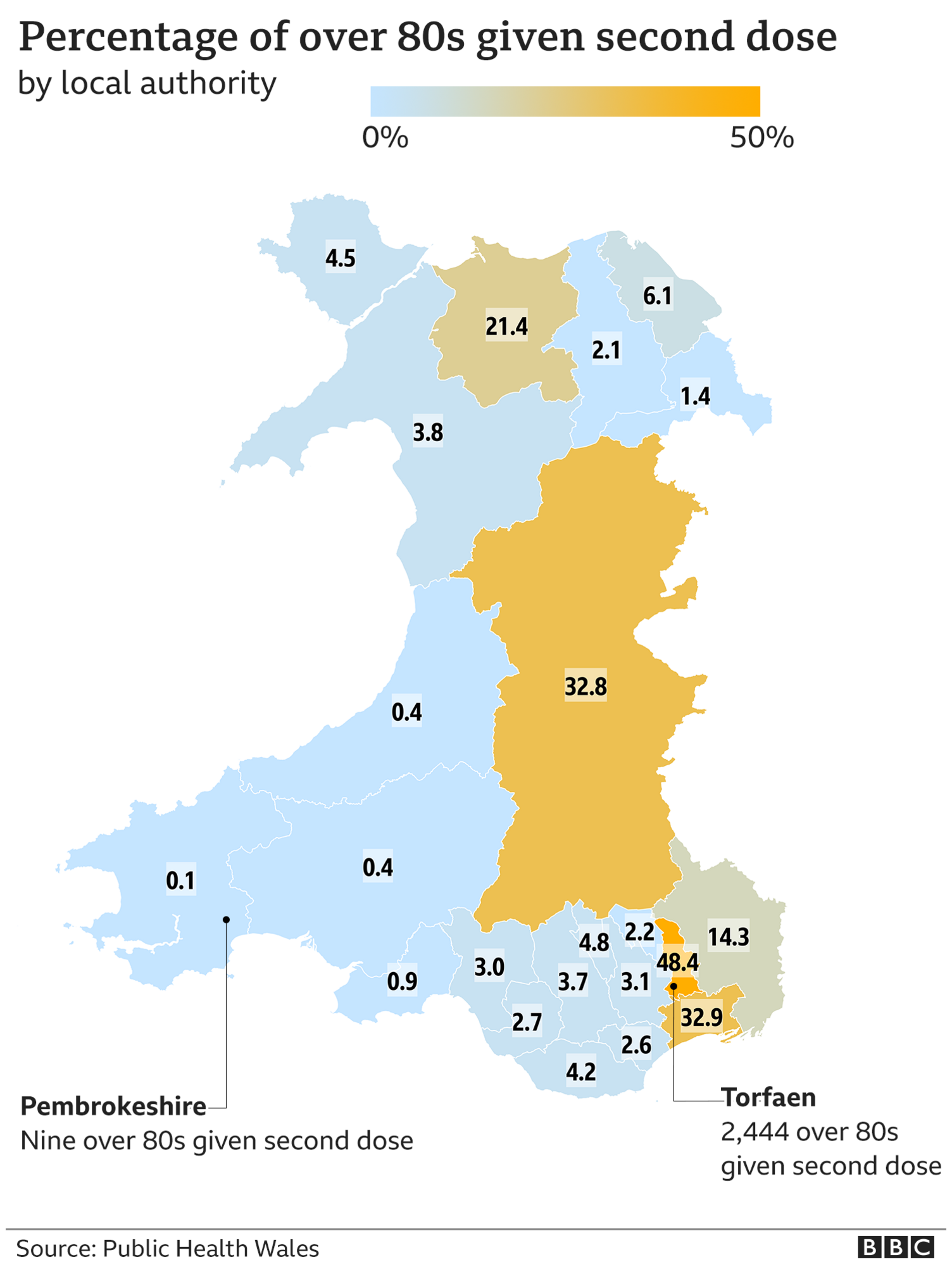 map showing percentage of 0ver-80s who have received a second dose