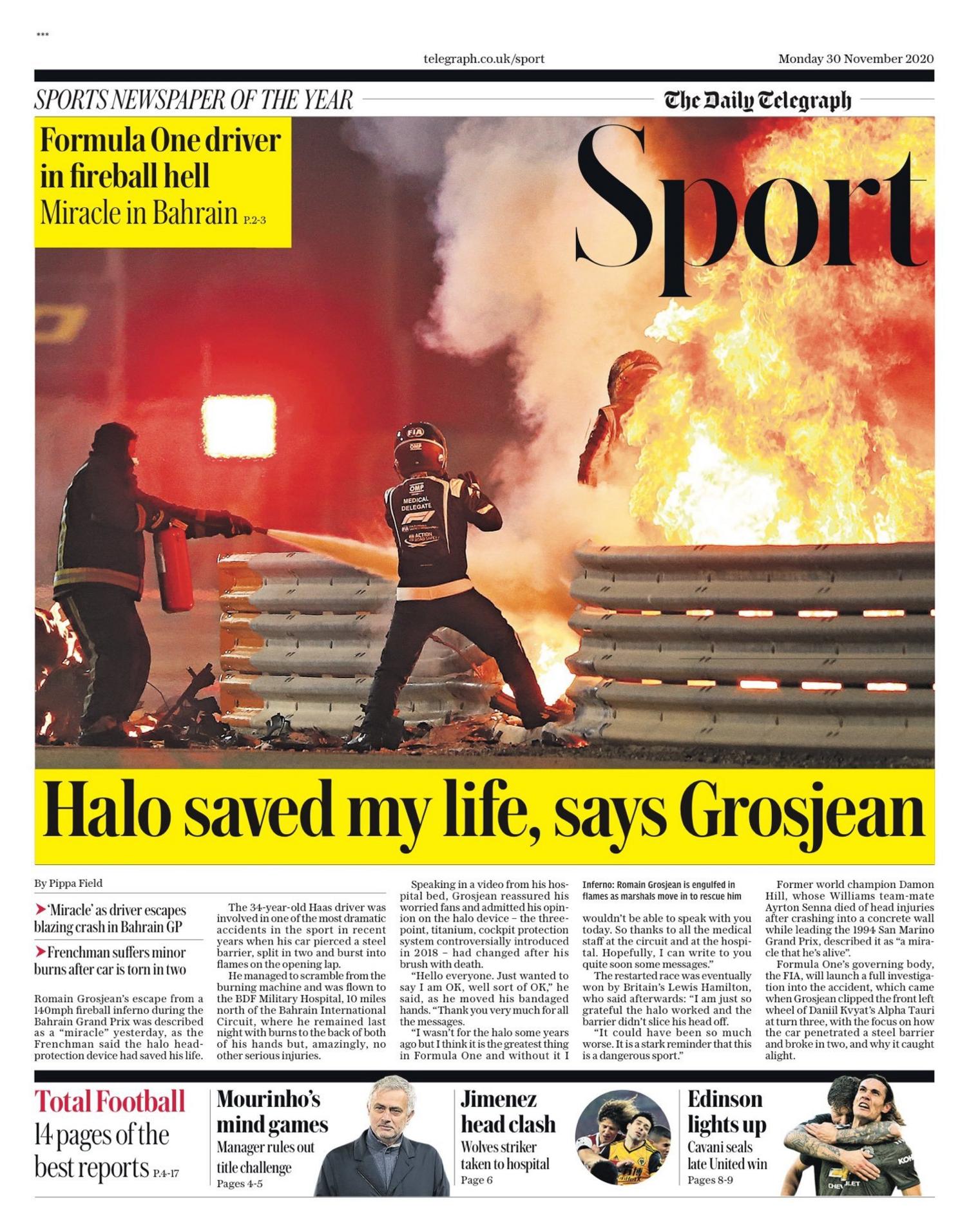 The front page of the Daily Telegraph sport section