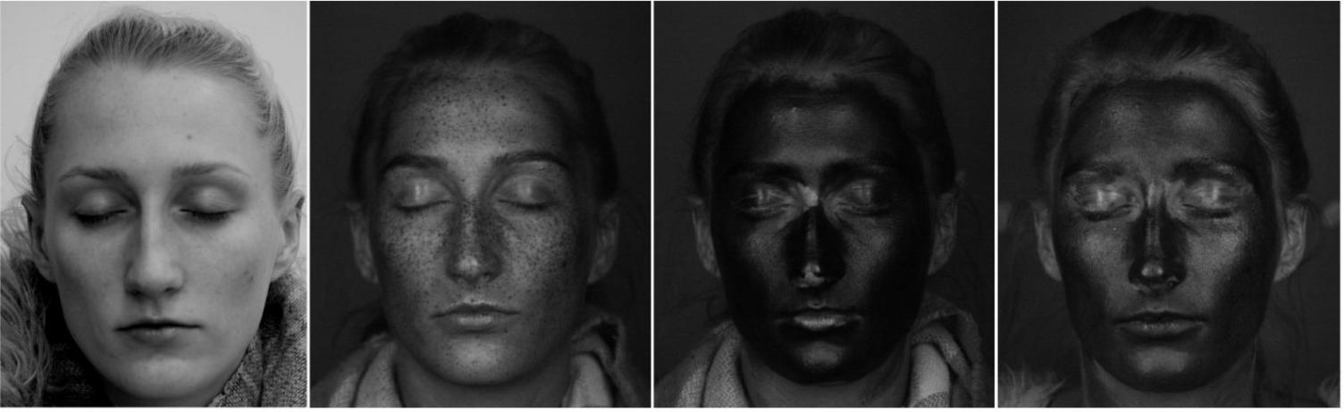 Faces under normal and UV light, showing how moisturiser and sunscreen are applied