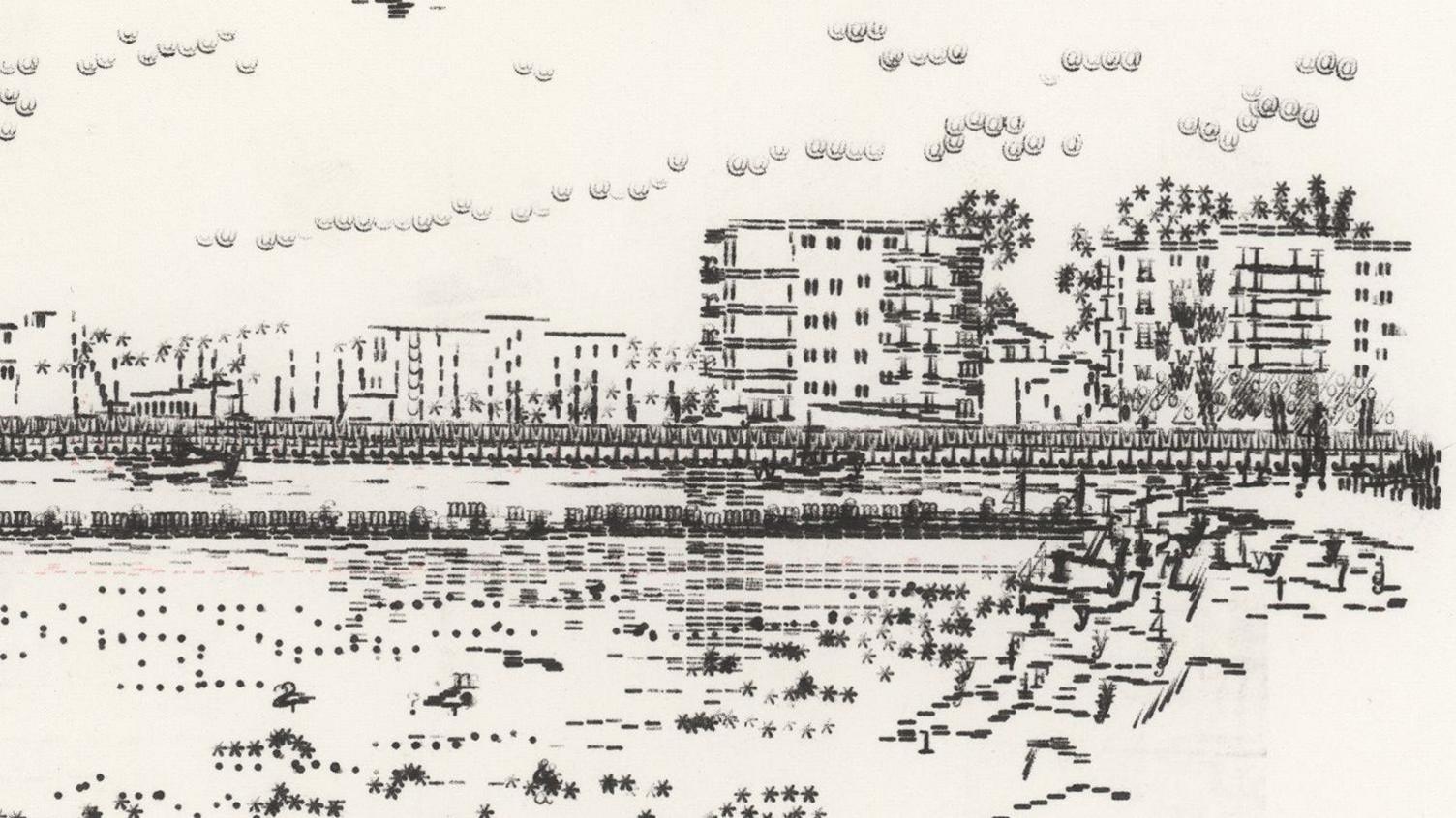 A piece of artwork of a city and a river, in the foreground is the river, in the mid-ground is a bridge. There are blocks of flats in the background.