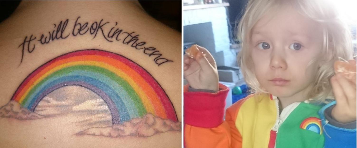 Nicole Lord's tattoo and her son in rainbow clothing