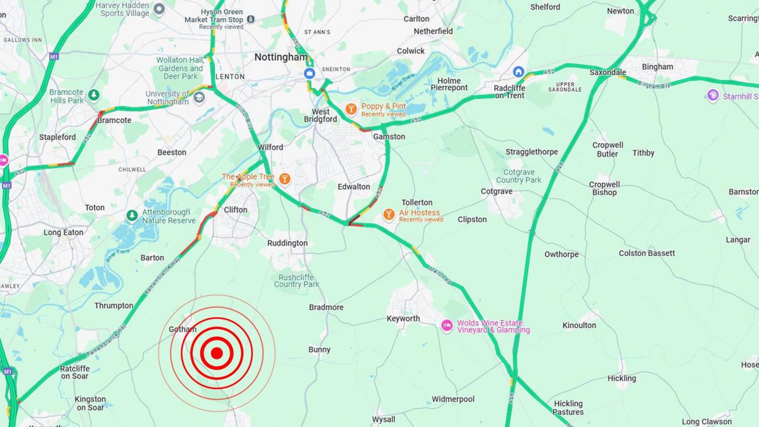 Map showing the epicentre of the 2.2 magnitude quake just south-east of Gotham