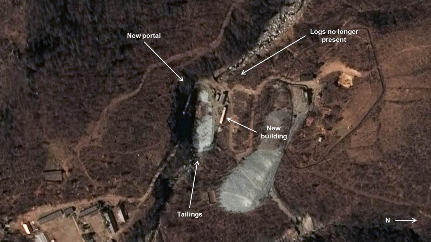 A satellite image dated 25 October shows what appears to be the entrance to a new tunnel under mountains where North Korea conducts nuclear test explosions