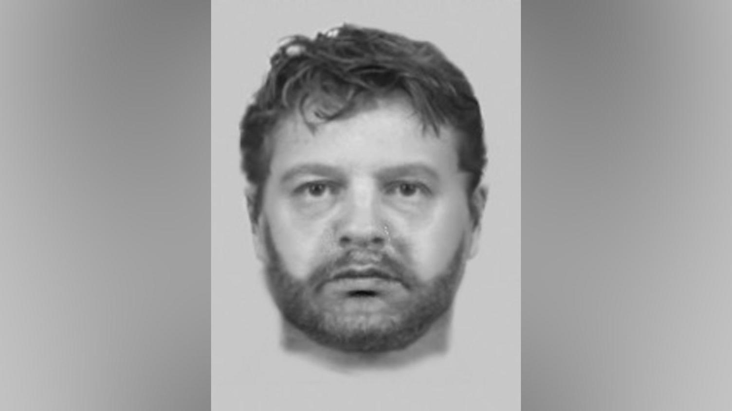 A black and white police drawing of a man with short brown hair and a short dark beard.