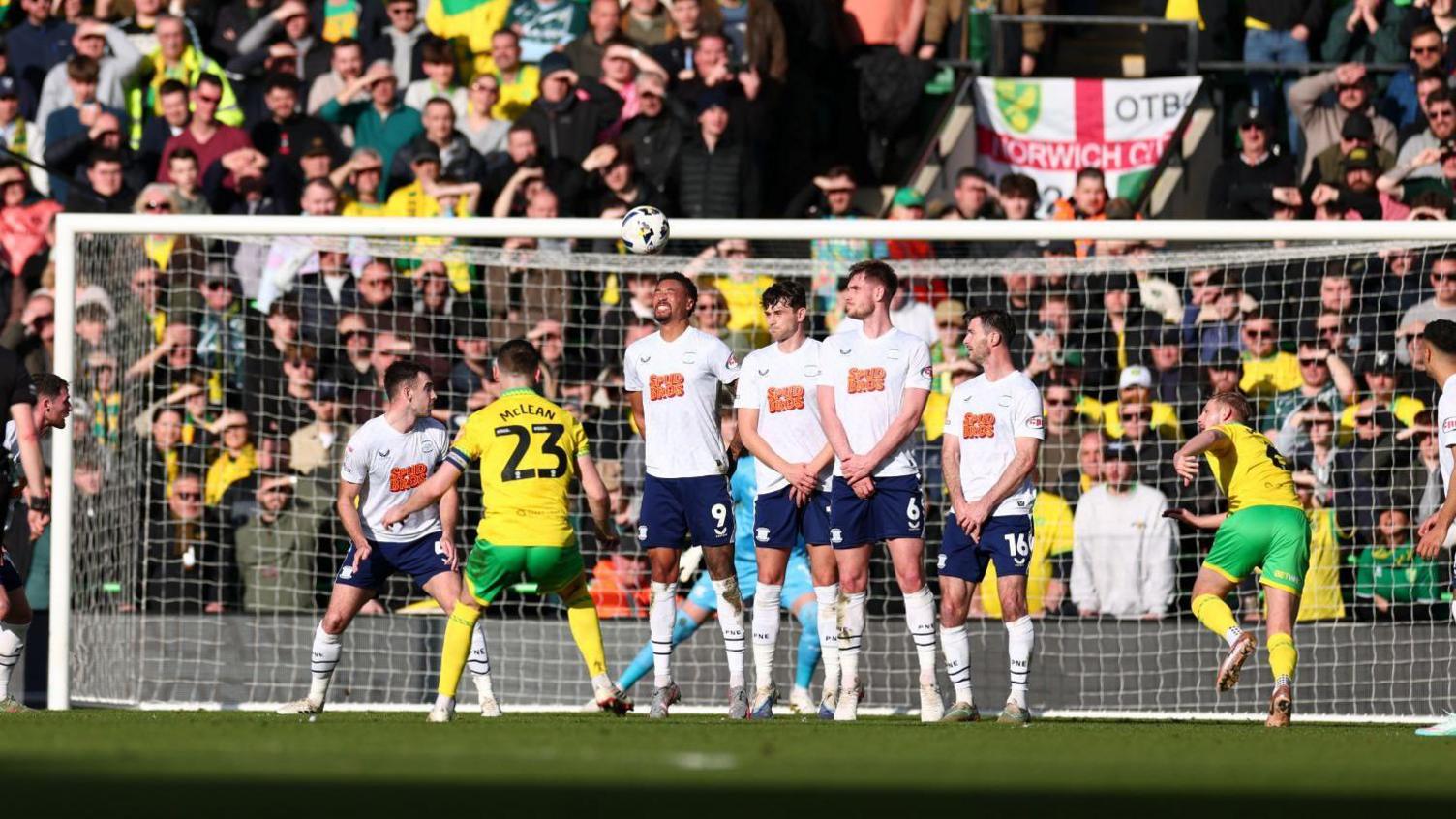Kenny McLean scores a free-kick for Norwich