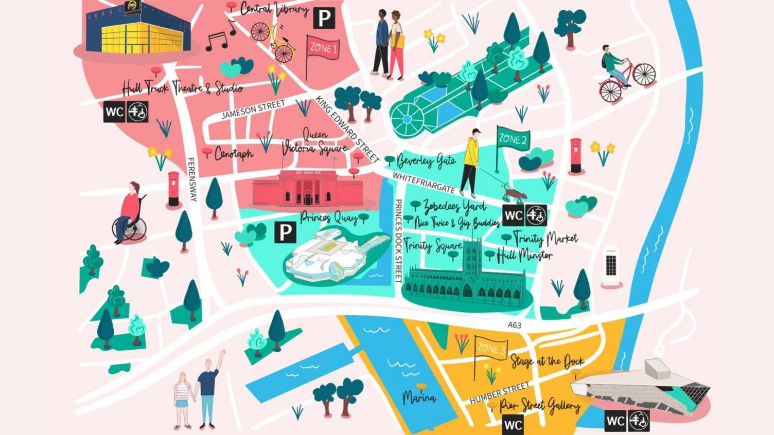 Illustrated map of Hull city centre, which has been organised into three zones. The map shows people, green spaces, building and landmarks such as Central Library, Hull Truck Theatre, the River Hull, marina and The Deep, as well as car parks, toilets, accessible toilets and Changing Places facilities.