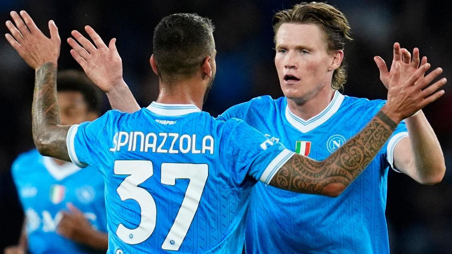 Napoli's Scott McTominay celebrates scoring their second goal with Leonardo Spinazzola