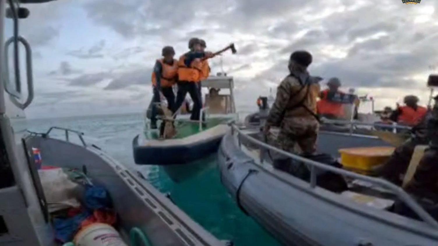 Photo released by the Armed Forces of the Philippines showing what appears to be a confrontation between Chinese and Philippine coast guard